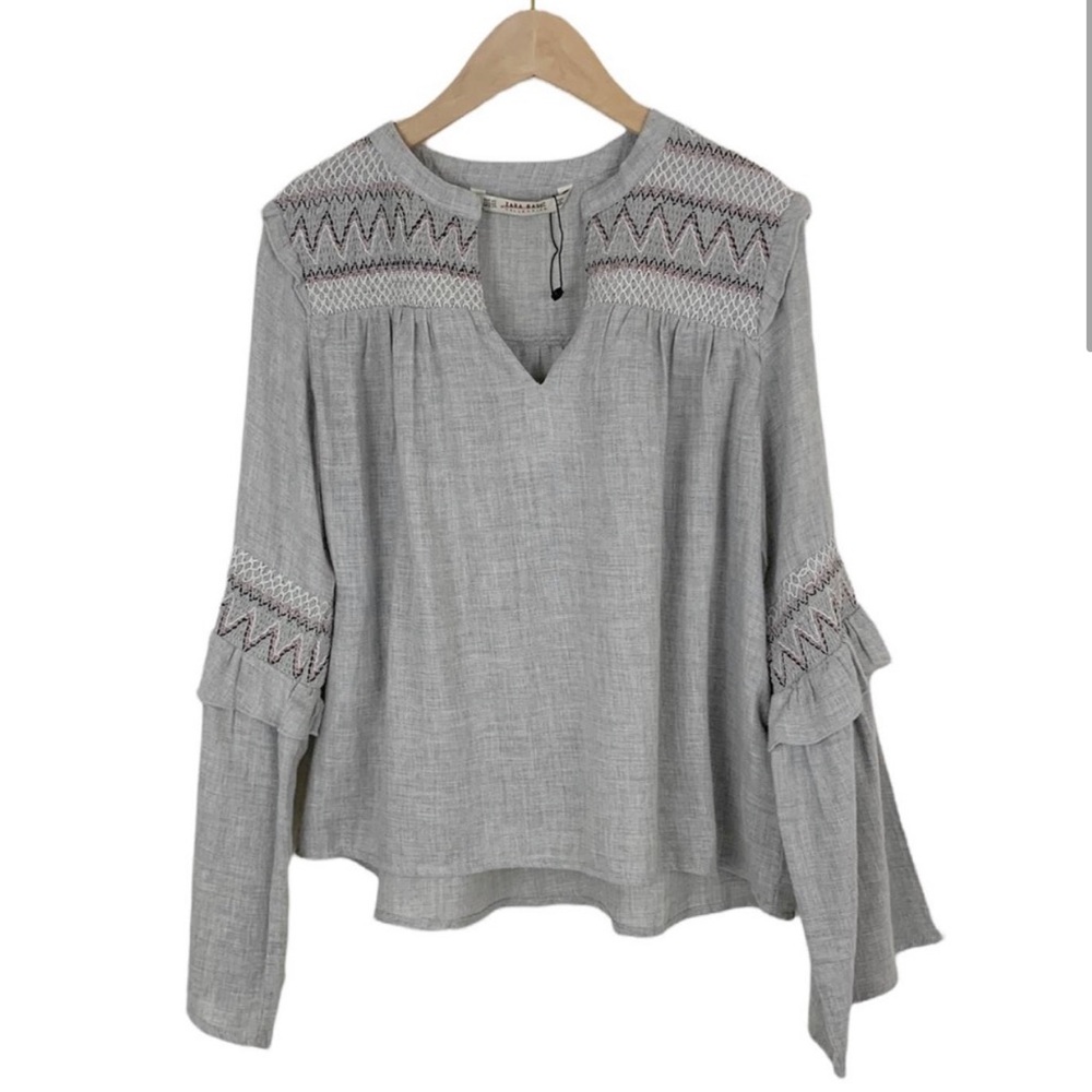 Zara Blouse- Grey with pink & white embroidery with bell sleeves.